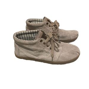 TOMS Bota Light Grey Suede Boots Shoes Striped Canvas Lined Sz 7 Lace Up